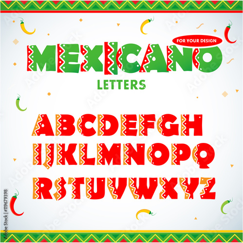 Mexican letters for  for advertising, title or logo design. Modern font. Mexican style Latin alphabet letters. Alphabet. Isolated vector illustration.