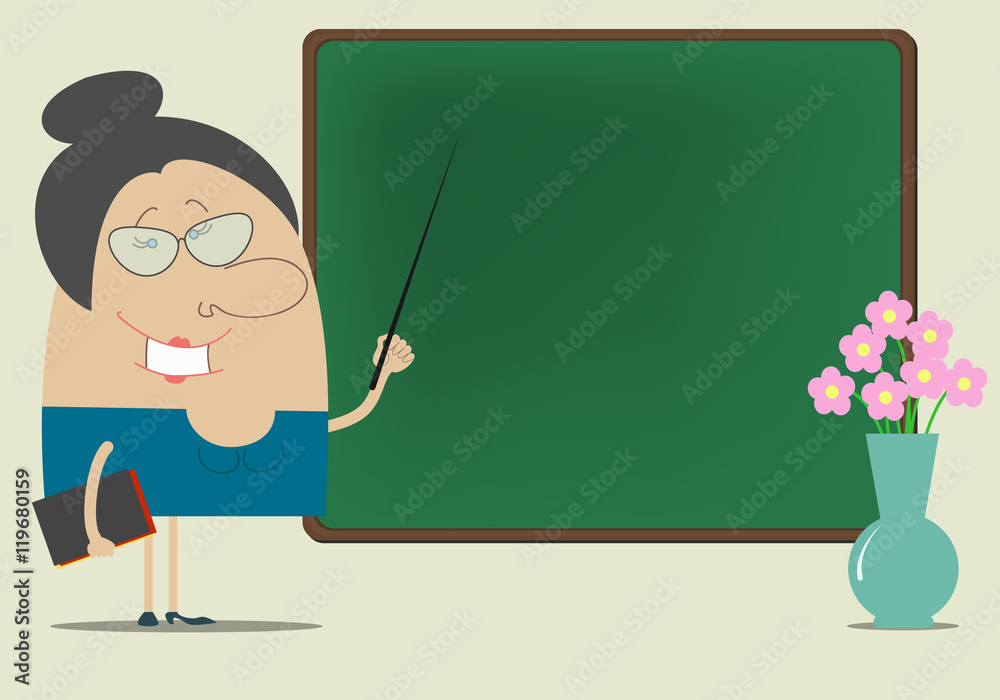Teacher stands close to the board and points on the board Teacher stands close to the board and points on the board