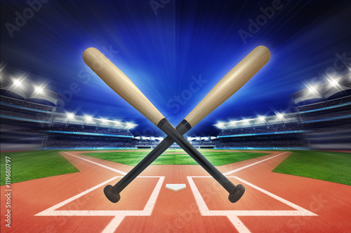 Photography baseball wooden bats with baseball stadium in motion blur