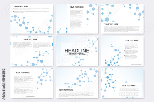 Big set of vector templates for presentation slides. Modern graphic background molecule structure and communication. Medical, science, chemistry, technology design.