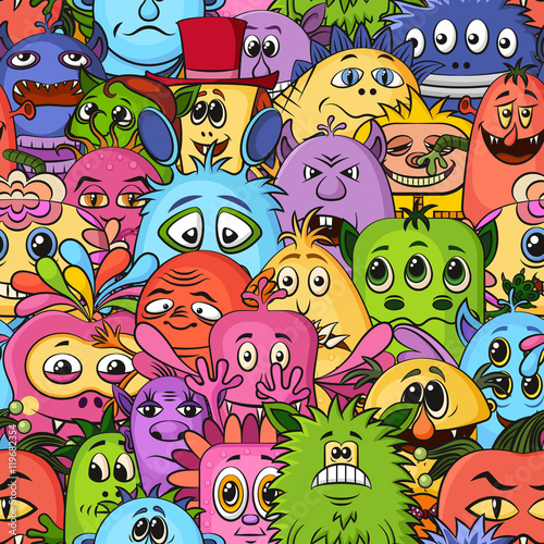 Seamless Background for your Design with Different Cartoon Monsters  Colorful Tile Pattern with Cute Funny Characters. Vector