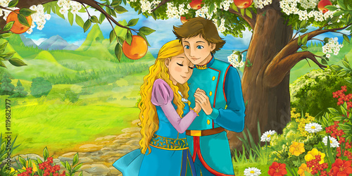 Cartoon scene with cute royal charming couple on the meadow - illustration for children