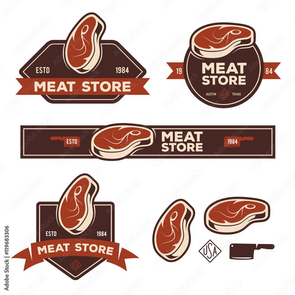 Set of retro labels badges emblems for meat store or butchery market ...