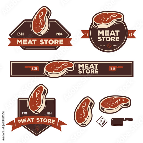 Set of retro labels badges emblems for meat store or butchery market. Vector vintage illustration.