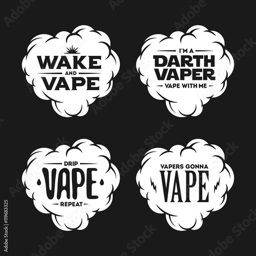 Vape related t-shirt vintage designs set. Quotes about vaping. Vector illustration.