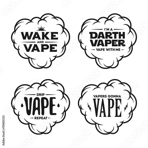Vape related t-shirt vintage designs set. Quotes about vaping. Vector illustration.