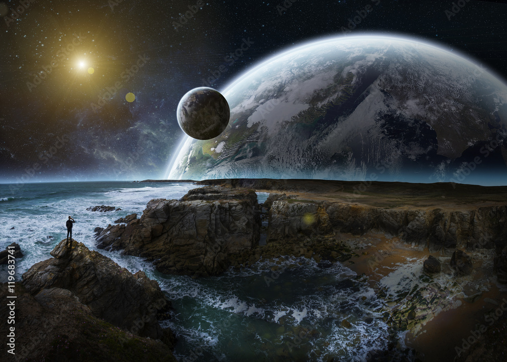 Fototapeta premium View of distant planet system from cliffs 3D rendering elements