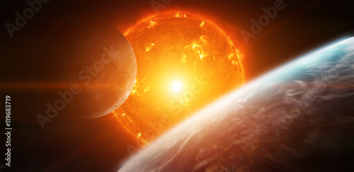 Fototapeta Naklejka Na Ścianę i Meble -  Exploding sun in space close to planet