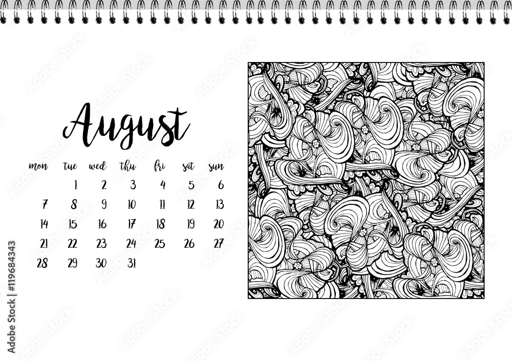 Desk calendar template for month August. Week starts Monday Stock ...