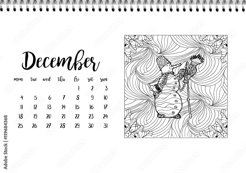 Desk calendar template for month December. Week starts Monday Stock ...