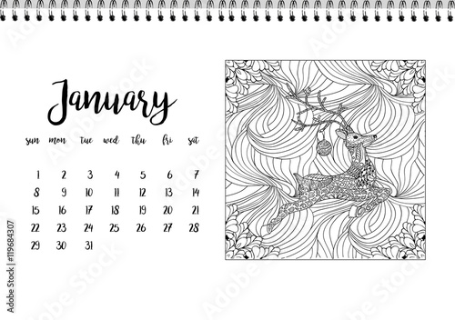 Desk calendar template for month January. Week starts Monday