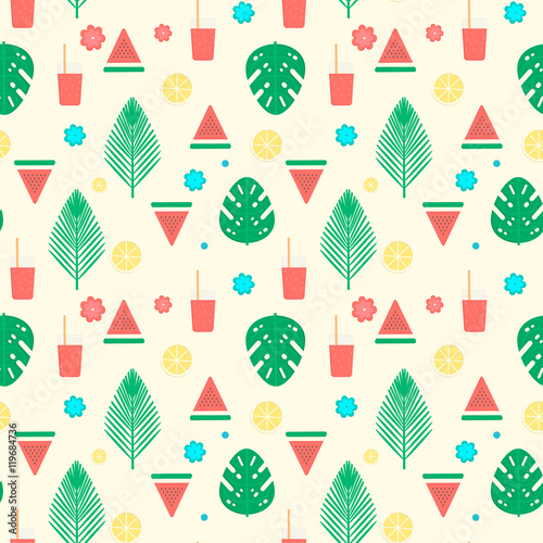 Tropical cocktail seamless pattern with palm leaves, watermelon and lemons.Vector natural background design for web, print, textile, fabric and wrapping.