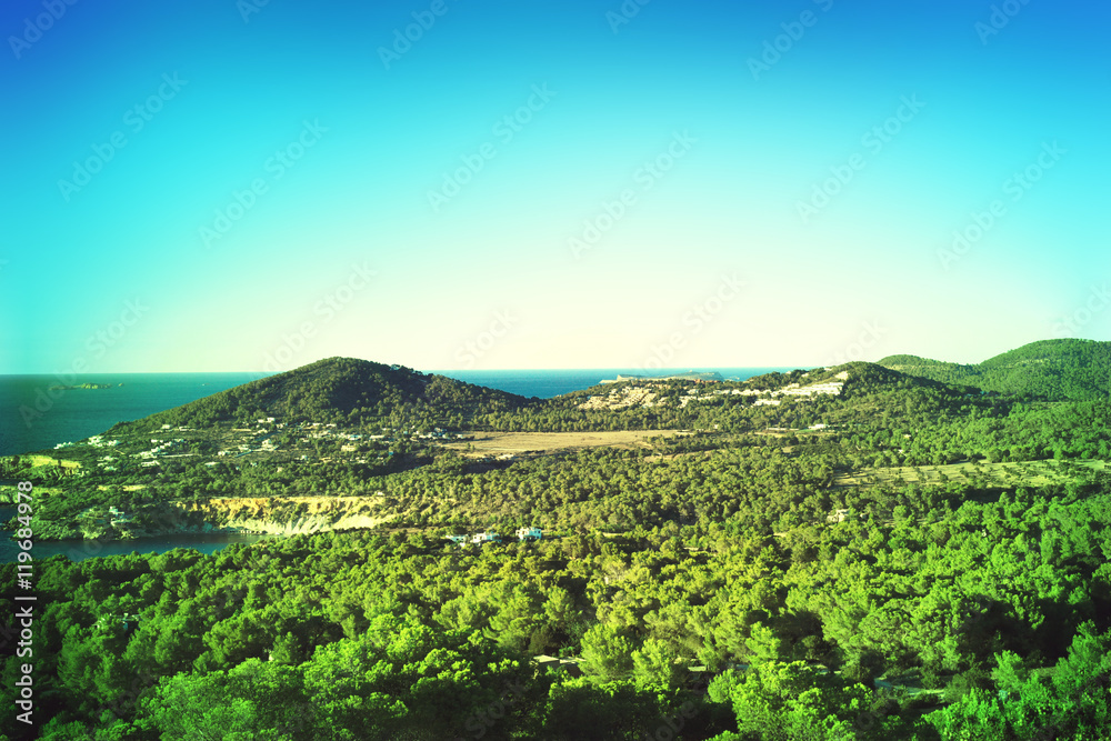 Panoramic view over sea and land of Ibiza Island.