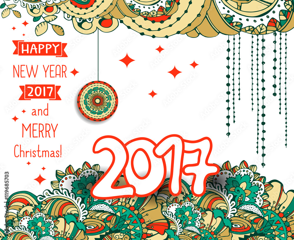 Happy New Year 2017 celebration background.Typography poster or card template with doodle style ornament.