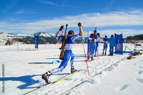 ski biathlon athletes in start line waiting, Metsovo Ioannina Greece photo