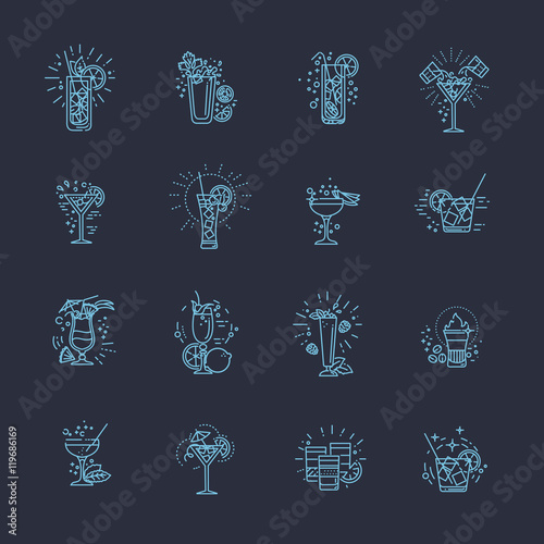 Alcohol drinks and cocktails icon set. Vector illustration