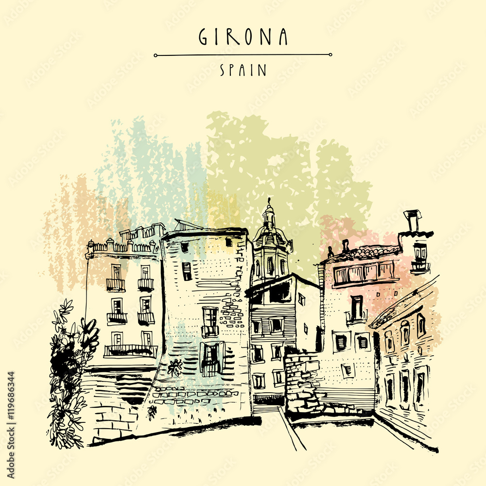 Old town in Gerona, Catalonia, Spain, Europe. Traditional Spanish historical buildings.Travel sketch. Hand-drawn vintage book illustration, greeting card, postcard or poster template