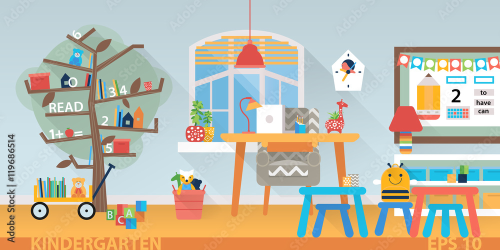Kindergarten vector education interior. Learning and study place horizontal back banner.
