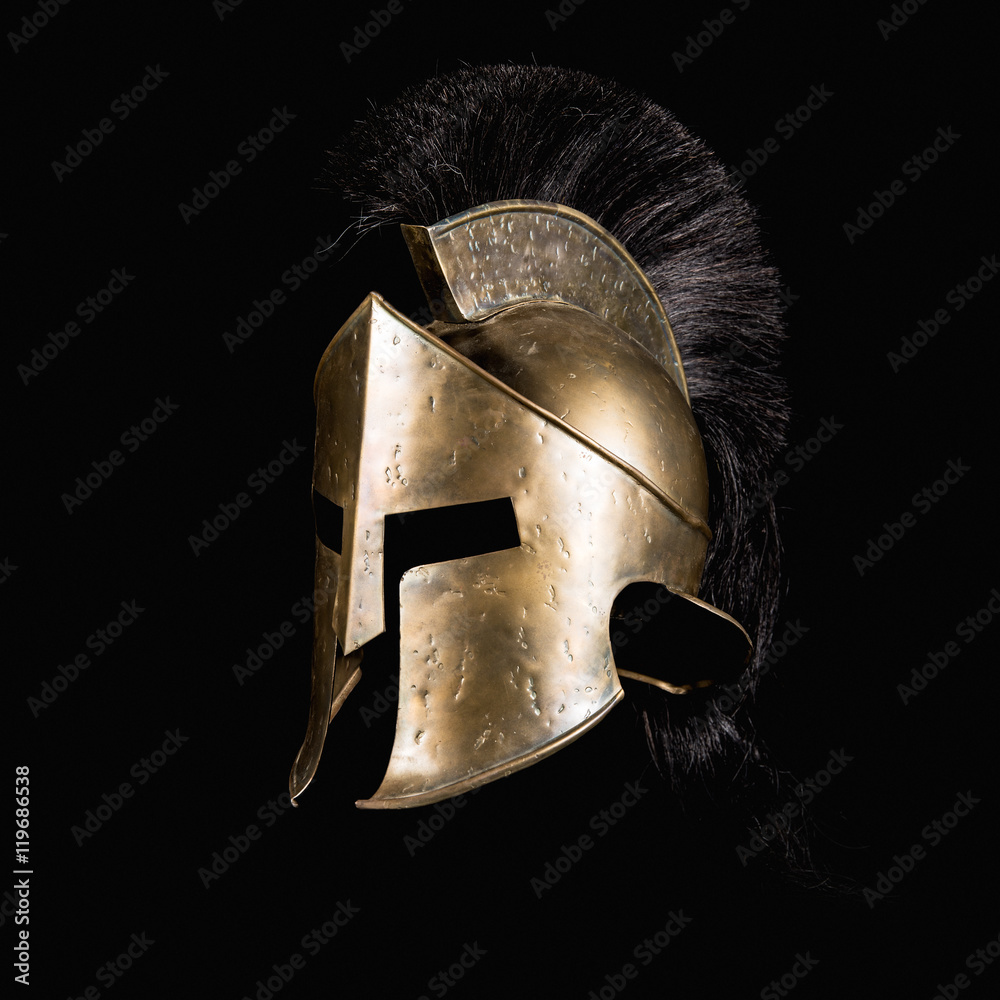 Fiction Spartan helmet on black background - obrazy, fototapety, plakaty 
