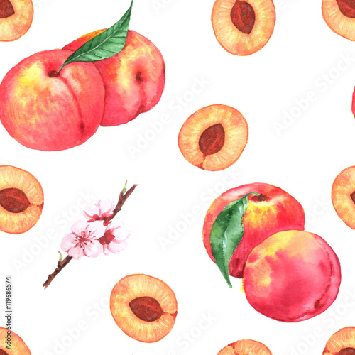 Hand-drawn watercolor seamless pattern with orange fresh peaches and flowers. Repeated background
