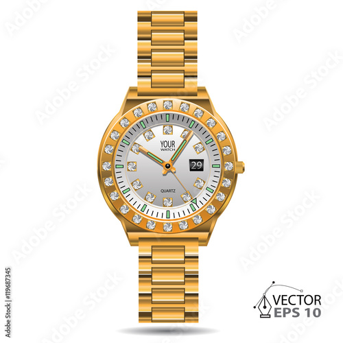 Watch gold diamonds design on white background isolated vector illustration.