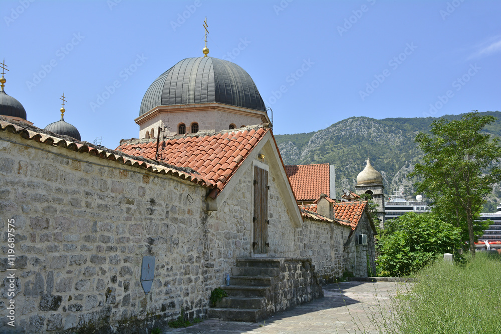A back view of the Russian Orthodox Church of Saint Nicholas in Kotor, Montenegro.
