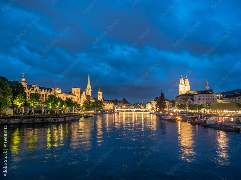 Night photo of Limmat river and Cityscape of old town Zurich, Switzerland