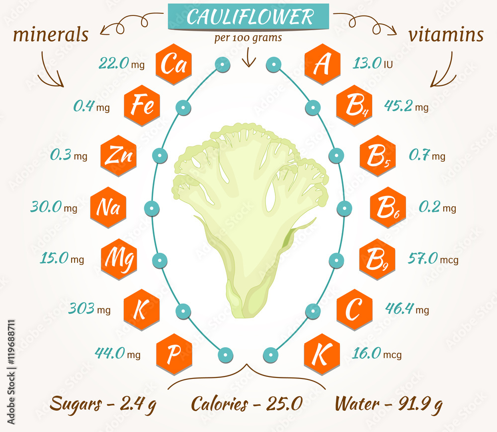 Cauliflower infographics, nutrition facts, calories and analysis. Flat