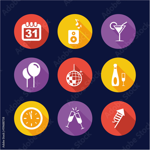 New Years Eve Icons Flat Design Circle