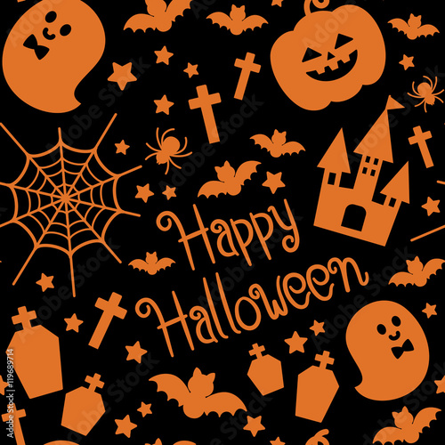 ハロウィン　シルエット風繰り返し柄シームレスパターン　黒背景＋オレンジ色　ベクター素材