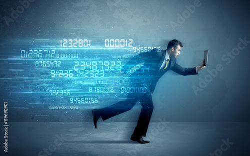 Business man running with device and data concept