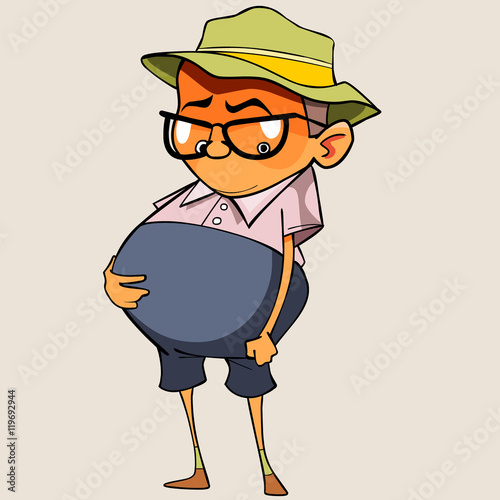 cartoon funny pot-bellied man looks at your belly