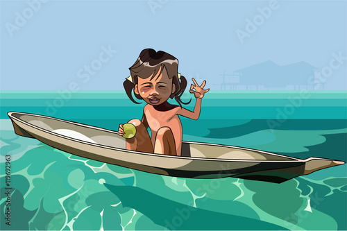 cartoon little girl sailing alone in a boat