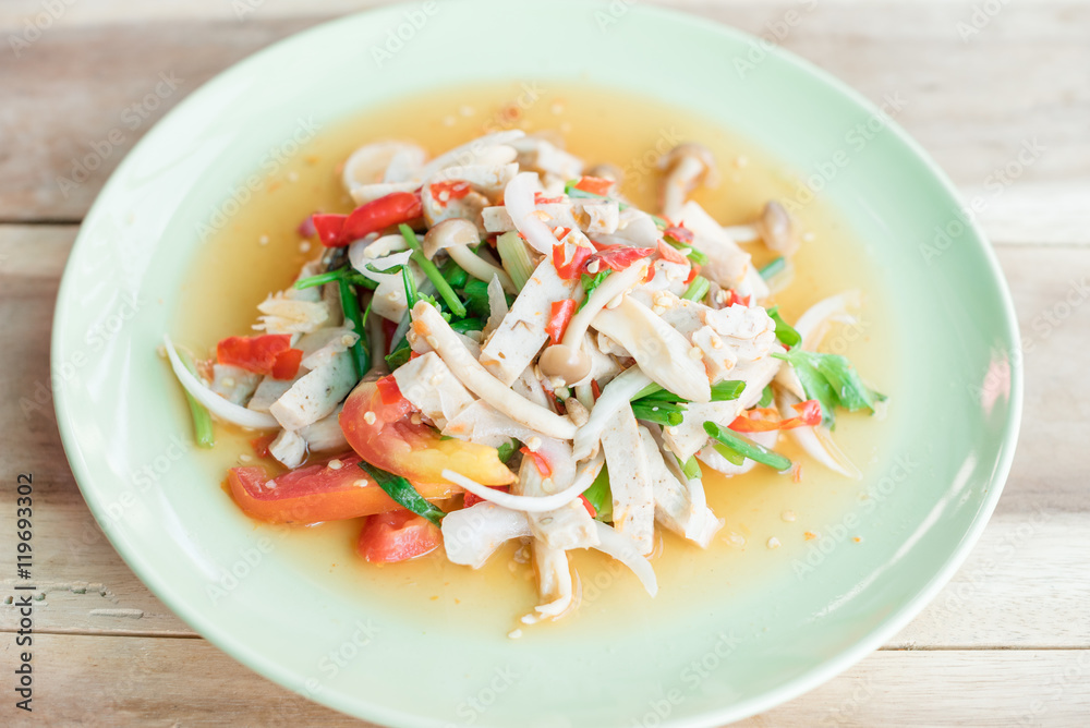 Selective focus Thai spicy mushroom salad Thai food