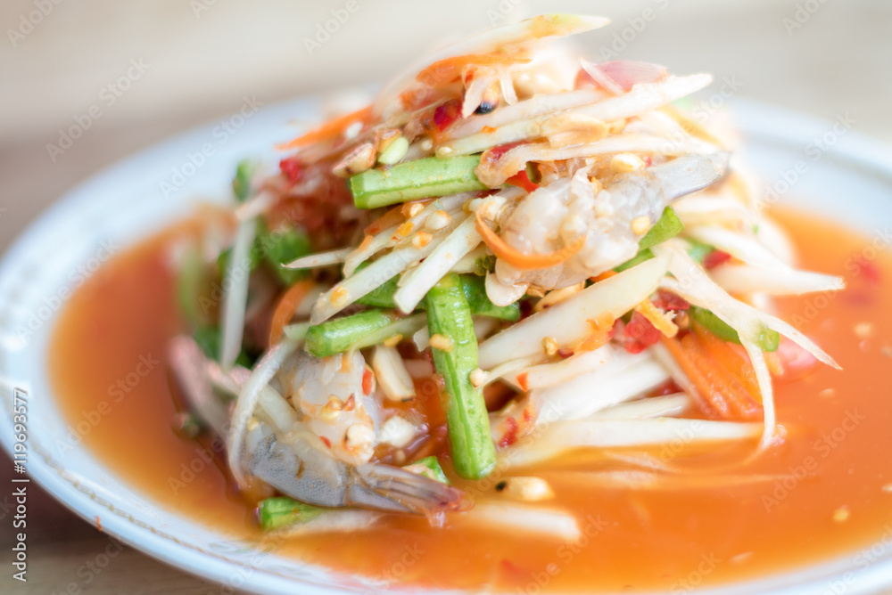 Selective focus famous Thai food, papaya salad with fresh shrimp or what we called Selective focus famous Thai food, papaya salad with fresh shrimp or what we called
