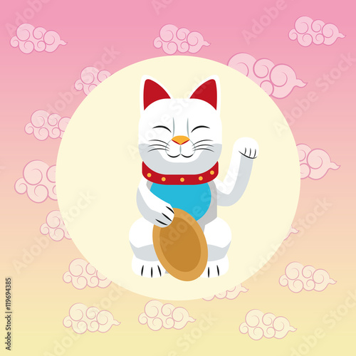 cat luck lucky japan culture landmark asia famous icon. Colorful and seal stamp design. Vector illustration