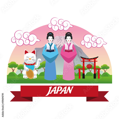 woman girls lucky cat arch cloth japan culture landmark asia famous icon. Colorful design. Vector illustration