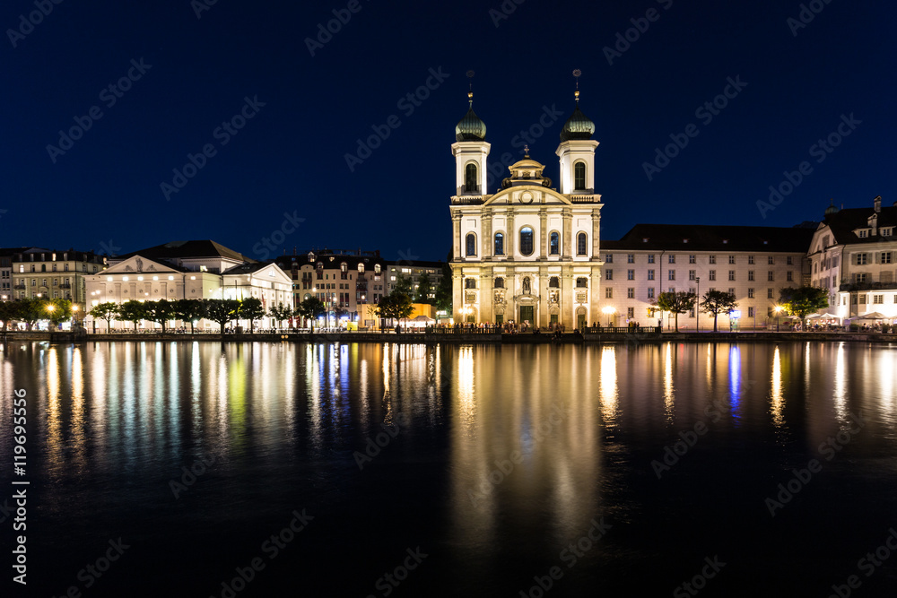 Jesuit Church at night in Lucerne