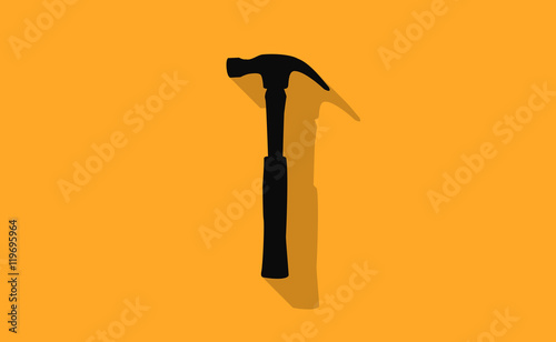 Vector black hammer with long shadow on flat background
