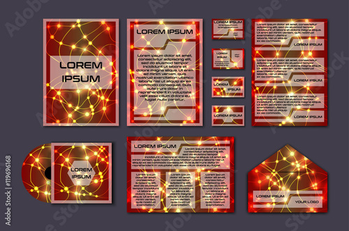 Corporate template set with glowing abstract layout. Vector company style for brandbook and guideline.