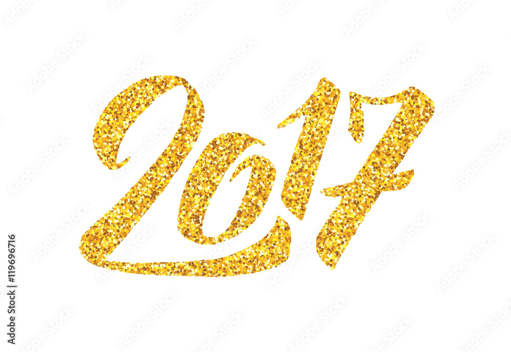 Happy New Year of the Rooster greeting card design template with gold glittering texture and chinese calligraphy text 2017 isolated on white background. Vector illustration with typography Happy New Year of the Rooster greeting card design template with gold glittering texture and chinese calligraphy text 2017 isolated on white background. Vector illustration with typography