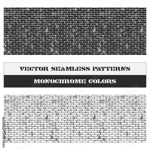Vector illustration of 2 brick walls with cracks. Fully editable grunge seamless patterns in dark and light grey shades. It can be used as wallpaper, packaging, fabrics design and your other projects.
