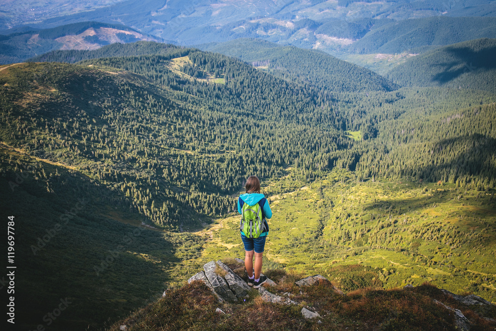 Young Hiker in Green Forest Carpathian Mountain Landscape