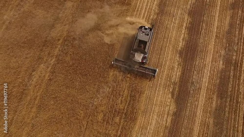 top view of harvester moving on field and cutting wheat, drone flying back,showing second harvester photo