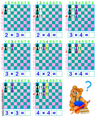 Funny chess. Exercises for children for studying multiplication table. Developing skills for counting. Vector image.