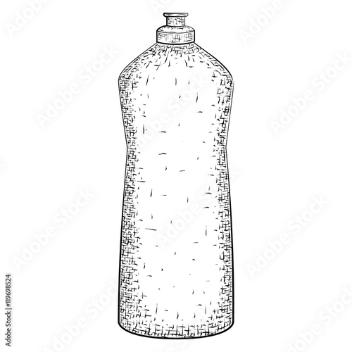 Hand drawn bottle or tube. Container for product for housekeeping and hygiene. Detailed sketch of container isolated on white background.  Black and white pencil or ink drawing