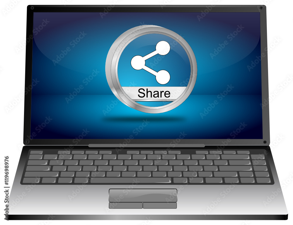 Laptop computer with Share Button - 3D illustration Laptop computer with Share Button - 3D illustration