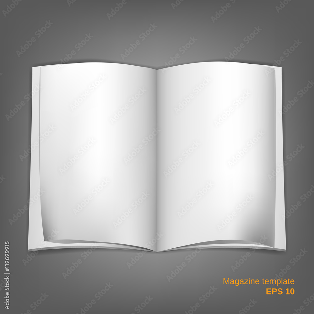 Vector illustration of open magazine double page spread with blank pages on grey background. Fully editable EPS10 file. It can be used as a mockup template of magazine or your different projects. - obrazy, fototapety, plakaty 