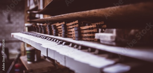 Close up of piano parts in workshop