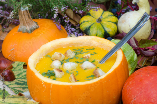 homemade pumpkin soup in pumpin photo